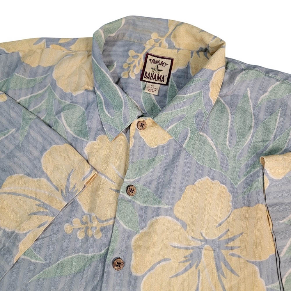 Tommy Bahama Button-Down Mens XL Silk Floral Hibiscus Blue Yellow EUC